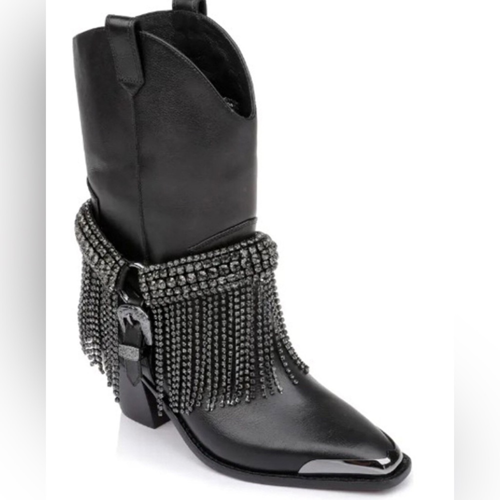 Daniel Diamond Black Fringe Leather Heeled Boots